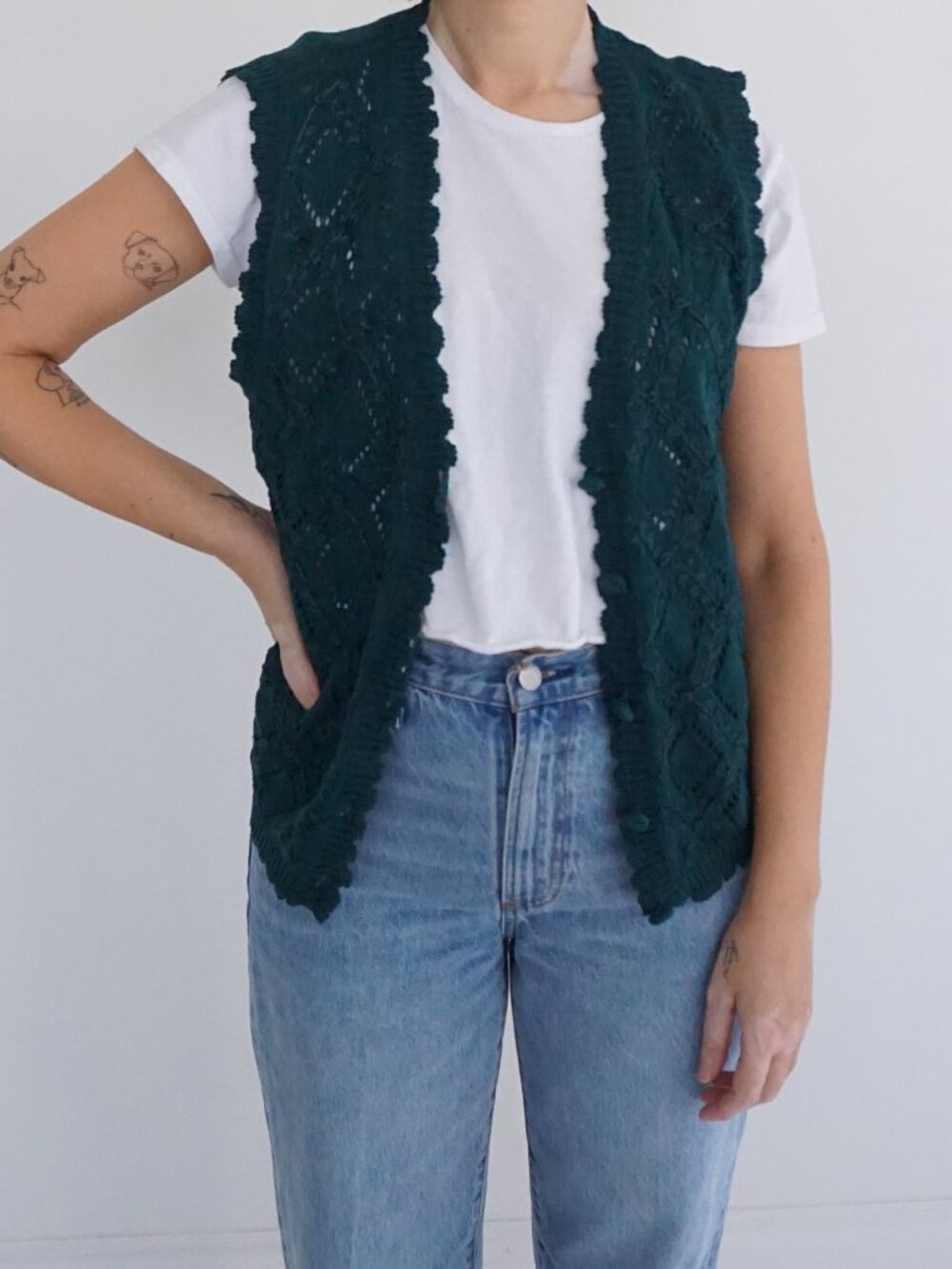Vintage Kathie Lee Green Cable Knit Open Front Sleeveless Vest Cotton Blend XL